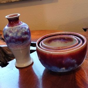 Artisan made Pottery Vase & Stacking Bowls